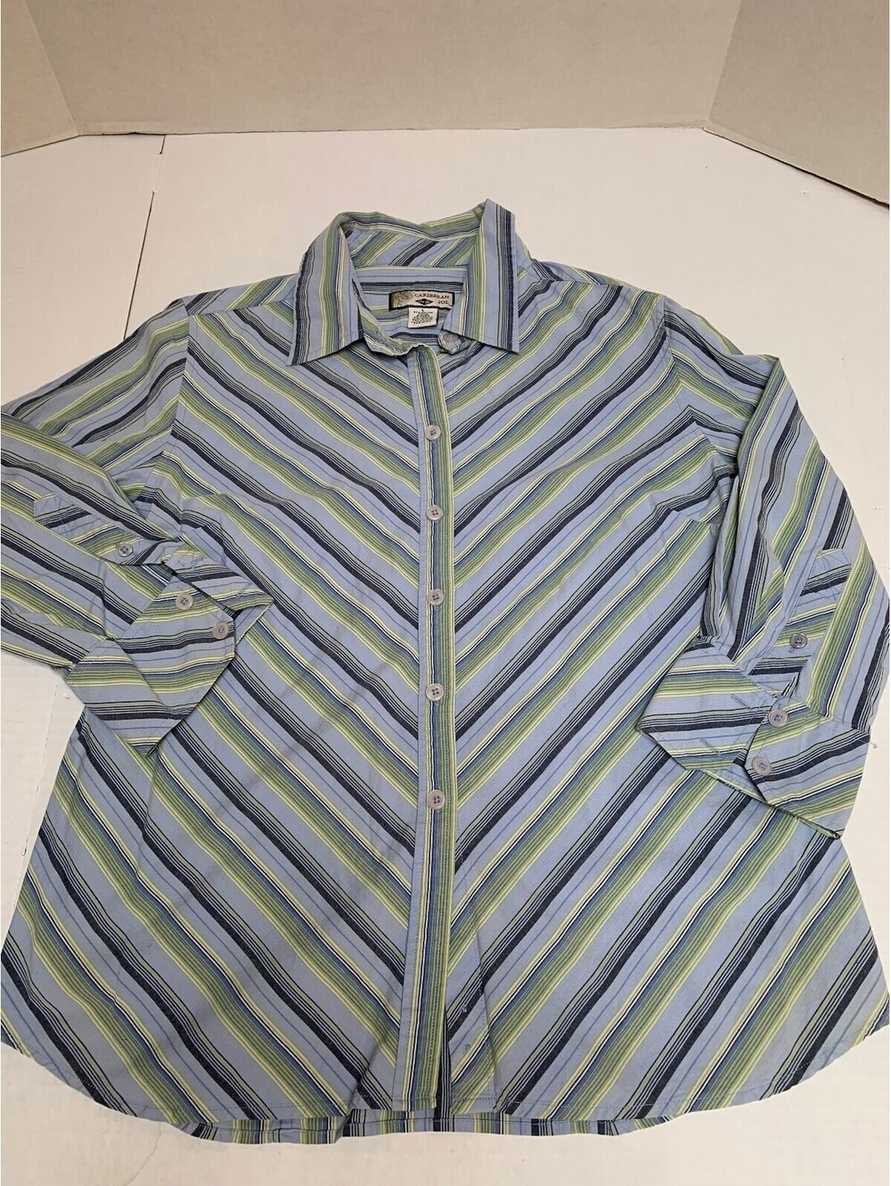 Caribbean Joe Womens Size Large Blue and White Striped Shirt Blouse Top